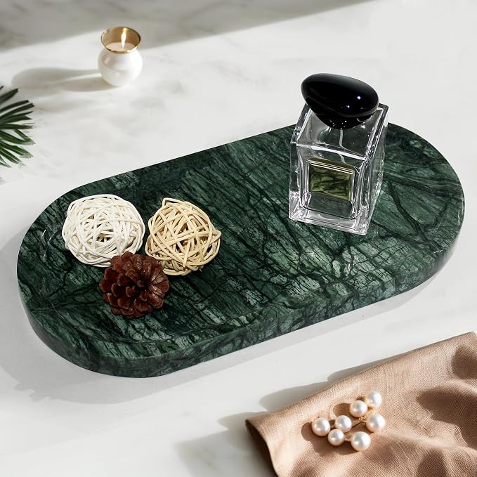 YMXYJM Genuine Real Natural Marble Tray for Bathroom, Luxury Indian Green Stone Vanity Tray, Decorative Oval Trays for Countertop Storage Organizer, Dresser, Kitchen, Home Decor, 11.8" x 6", Green
