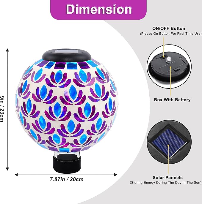SAVENNA Mosaic Solar Gazing Ball 8 Inch,Glass Garden Globe with Auto On/Off for Yard, Lawn & Outdoor Decor,Purple Blue