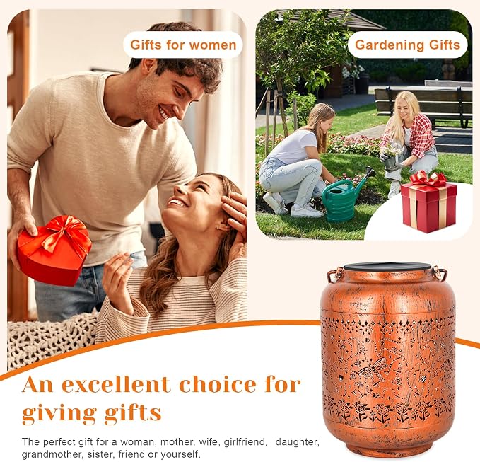 Dragonfly Solar Lanterns Outdoor Waterproof, Birthday Gifts for Women Mom Grandma - Copper Metal Hanging Solar Lights for Yard Garden Decor Dragonfly Gardening Gifts