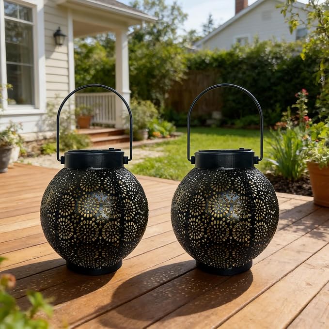 Solar Lanterns Outdoor Hanging 2 Pack, Waterproof Metal Garden Decor Lights, Dusk to Dawn Auto On/Off Solar Powered Lamp for Patio Porch Yard Pathway Tabletop (Classic Black Polka Dot)
