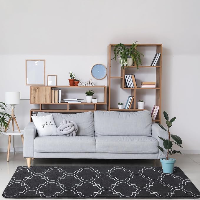 Chicrug 2x6 Shag Geometric Modern Runner Rug for Bedroom Hallway | Memory Foam Indoor Runner Carpet, Fluffy Rug for Living Room Bedside Room for Family, Dark Grey and White