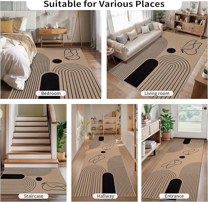 Tangsoo Easy Jute 5x7 Large Washable Area Rug for Dining Room Table,Brown Non-Slip Outdoor RugThin Mat,Modern Butterfly Indoor Carpet for Living Room Bedroom Patio Home Ofiice Decor