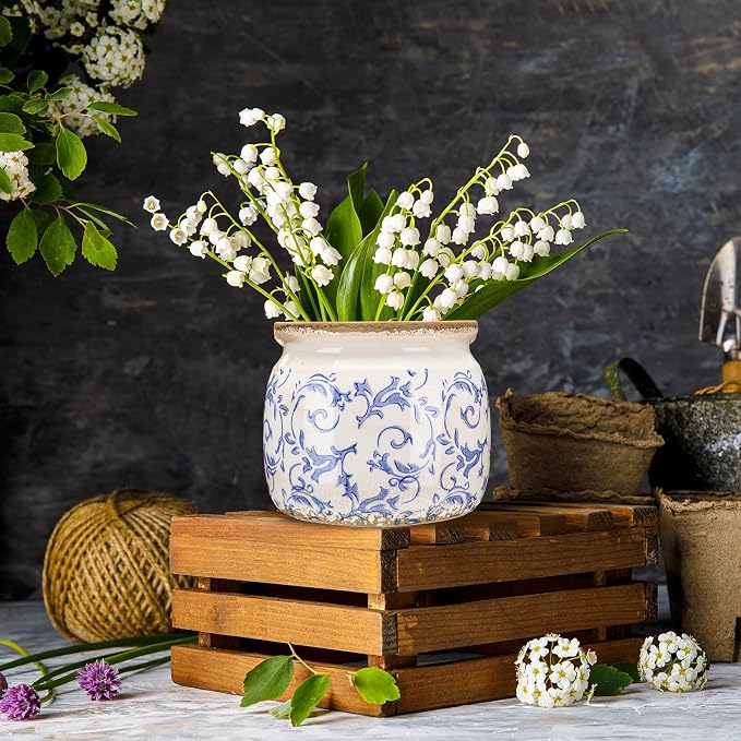Vintage Planter Large Ceramic Plants Pot Blue Chinoiserie Crack Cottage Scroll Vase Flower Vase Pot Indoor Plants Home Kitchen Decor Farmhouse Antique Decorative Gift
