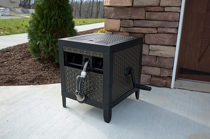 AMES NeverLeak Hose Reel Cabinet Box, 100 Ft. Capacity, Decorative with Wicker Look, Auto Track Rewinding, Black Metal