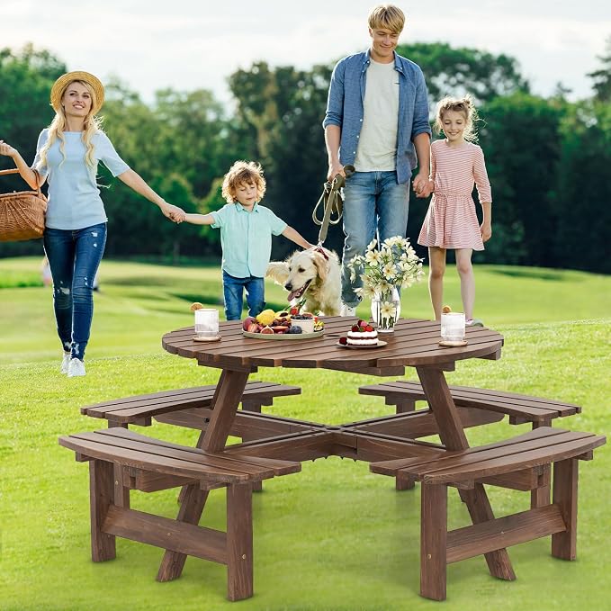 Giantex 8-Person Round Picnic Table Set with 4 Benches, 550 LBS Bench Capacity, 2" Umbrella Hole, Circular Outdoor Wood Dining Table & Chairs for Patio Yard Garden Porch Deck (71”x71”x28”,Brown)