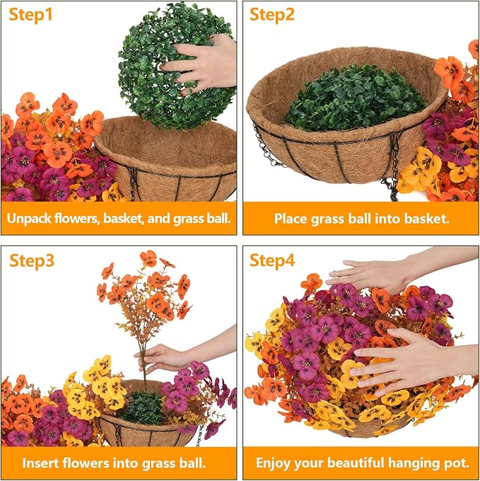 2 Set Artificial Fall Hanging Flower Baskets for Outdoor Autumn Decor, 2 Fall Hanging Baskets with 24Pcs Silk Fake Mums Plants for Front Porch Garden Patio Balcony Yard Home Decoration