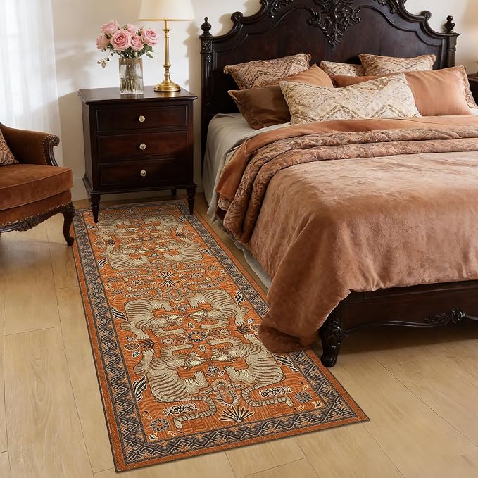 GarveeHome Tiger Print 2'x6' Washable Runner Rug Non Slip Boho Hallway Rug | Terracotta Kitchen Runner Ultra Thin Soft Vintage Tribal Indoor Throw Floor Carpet for Laundry Entryway Bedroom Bathroom