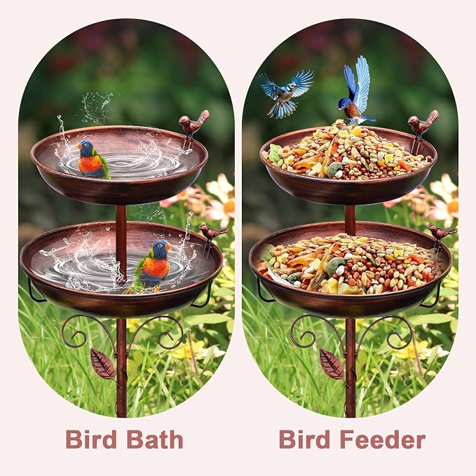 Bird Bath for Outside Bronze 2-in-1 Freestanding Garden Birdbath | Metal bird bath with floral scroll 5-Pronged Base Deep large bowl for birds drinking & bathing Yard patio landscape decor