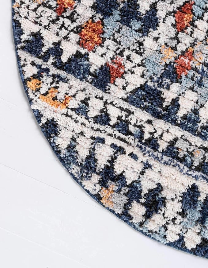 Unique Loom Morocco Collection Abstract Border, Diamond, Bohemian Area Rug (7' 0 x 7' 0 Round, Multi/Blue)