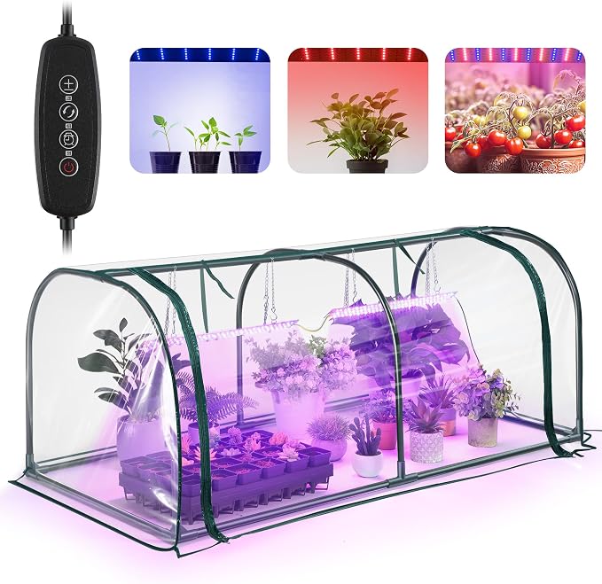 Meonum Mini Greenhouse with Grow Light, 51.18 "L x 25.59" W x 21.65" H Portable Greenhouses Waterproof UV-Resistant for Indoor/Outdoor Seed Starting(Dome Shape)