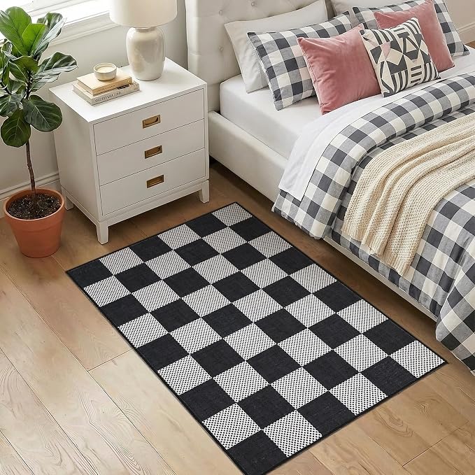 GarveeHome Checkered Black and White 2x3 Washable Rug Low-Pile Door Mat | Small Black and White Soft Stain Resistant Rug for Entryway Bedroom Bathroom Kitchen Non-Slip TPE Backing