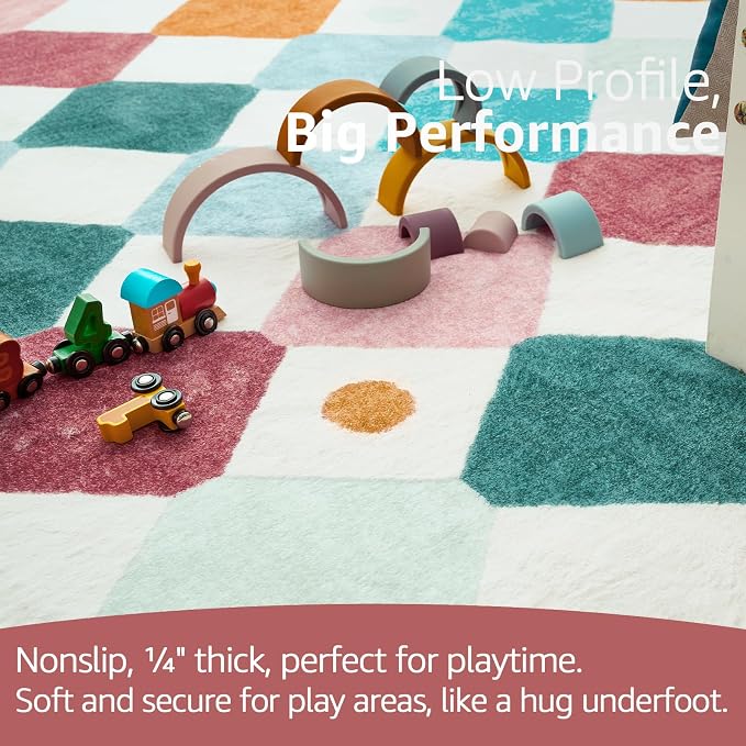jinchan 5x5 Nursery Rug Kids Room Square Rug Washable Colorful Playroom Rug | Soft, Non-Slip, Confetti, Cute, Kid-Friendly, Modern Checkered Diamond Design, Play Mat, Bedroom, Daycare, Cream Background