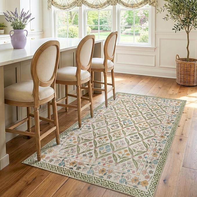 jinchan 4x6 Vintage Floral Washable Non Slip Bedroom Area Rug, Sage Green | Soft & Lightweight, Checkered Floral, Low Pile, Bedroom, Kitchen, Girls Dorm, Apartment, Small Living Room, Cottage Decor