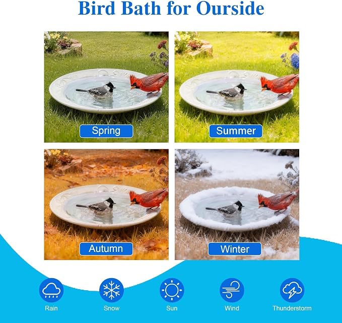 Topadorn Ceramic Bird Bath Bowl for Outdoors, 14.17" Decorative Bird Bath with Embossed Floral Design, Tabletop Birdbath for Garden, Patio, Deck & Balcony