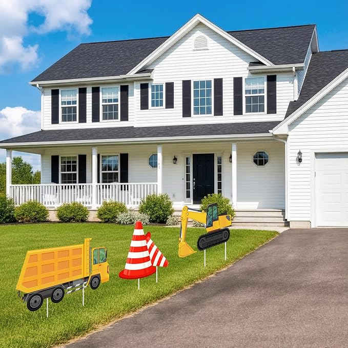 Large Construction Birthday Yard Signs with Stakes Excavator Dump Truck Traffic Cone Birthday Party Supplies Construction Theme Photo Booth Props for Home Outside Garden Lawn Birthday Decorations