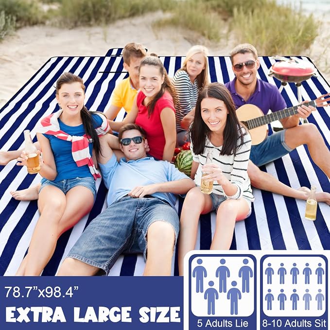 80" x 100" Extra Large Picnic Blankets Beach Mat Sandproof Waterproof Foldable Oxford Blue Strip Blanket Beach Mat Fall Picnic Stuff for Family Camping Hiking Party Park Travel Grass