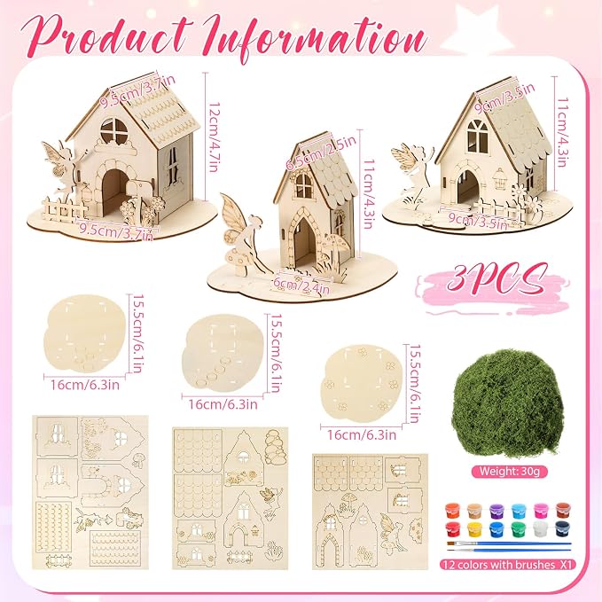 DoubleFill 3 Sets Wooden Fairy House Kit Craft - DIY Fairy Garden with Paints & Decorations - Arts Crafts & Birthday Gift for Craft Activity Party Decor (Cute Tall)
