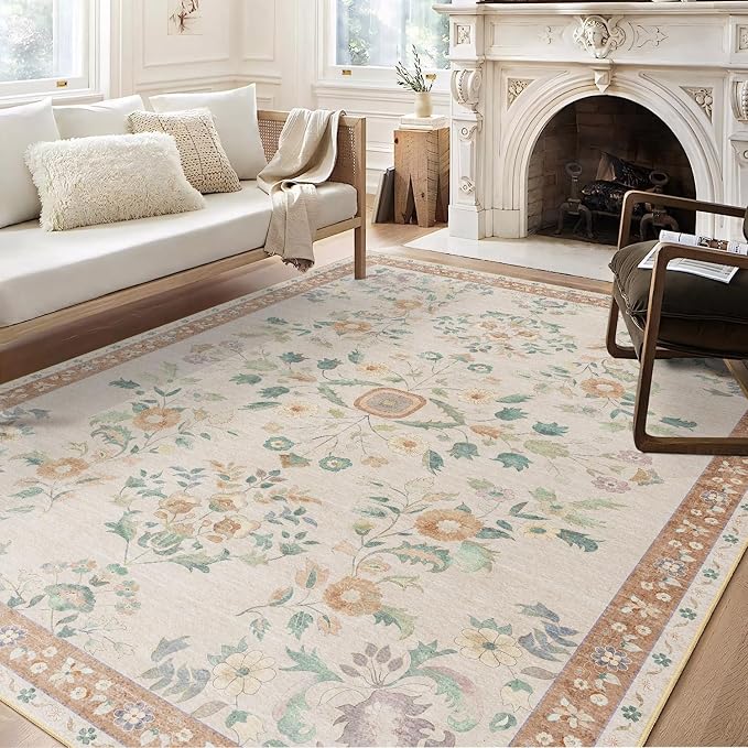8x10 Area Rugs Washable Floral Rug Non Slip Ultra-Thin Large | Machine Washable Throw Carpet for Living Room Dining Room Bedroom Floor Indoor Low Pile Boho Vintage Beige