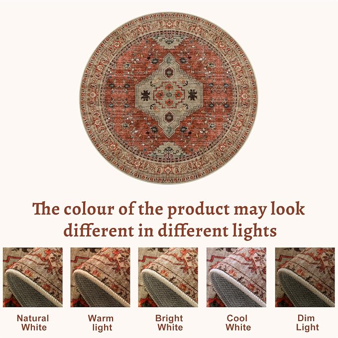 Tangsoo Washable Round Area Rugs 5ft, Boho Non Slip Circle Rug Low Pile | Oriental Soft Low Pile Circular Rugs, Vinatge Boho Round Carpet for Living Room Bedroom Dining Room Nursery Office Terracotta