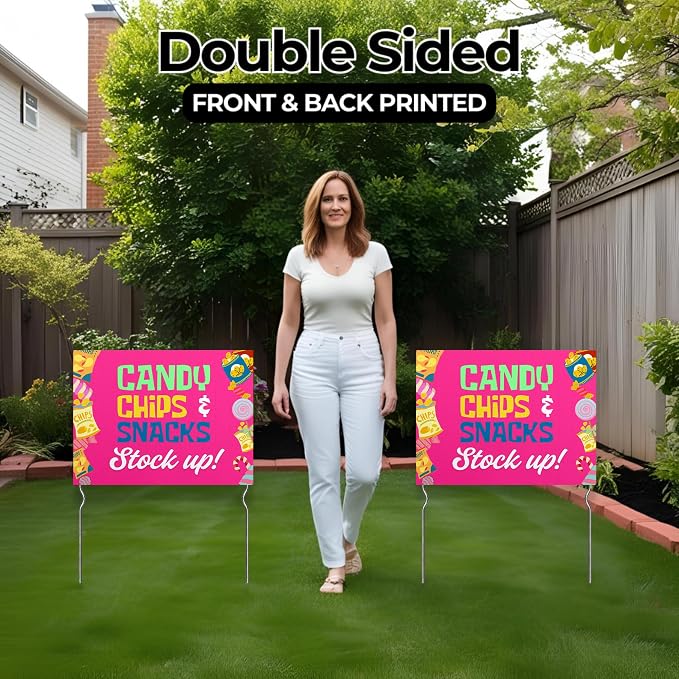 Candy, Chips & Snacks - Stock Up! Yard Sign by DC | 24"x18" Double Sided Conv. Store Garden Sign with 13” Metal Stakes | Outdoor Signs Waterproof for Lawn, Patio, Sidewalk & House | Set of 2