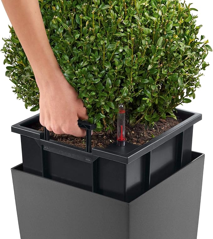 Lechuza CUBICO 30 Silver Metallic, Self-Watering Tall Planter, H22 L11.8 W11.8 in