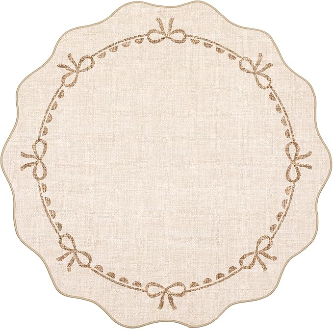 GarveeHome 4ft Round Rugs Washable Scalloped Bow Rug for Bedroom, Beige | Non Slip Soft Low Pile Ultra-Thin Indoor Carpet for Living Room Nursery Girls Dorm Decor Kids Room Playroom