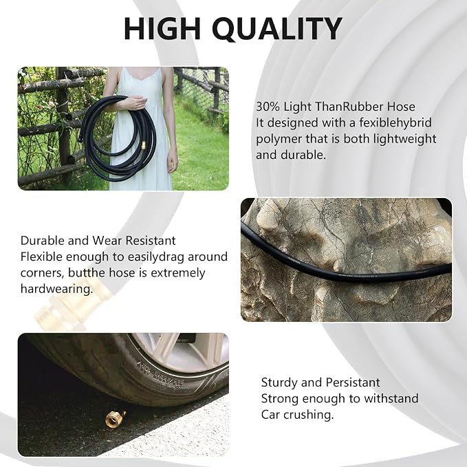 Garden Hose 5/8" x 10ft Brass Rubber Heavy Duty Water Hose 600 PSI Burst Pressure, Durable Flexible Hose for Yard, Car Wash, Pets Black