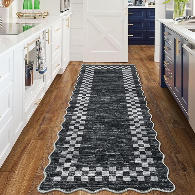 GarveeHome Rug Runners for Hallways 2x8 Washable Kitchen Runner Rug | Non Slip Low Pile Throw Carpet Modern Bordered Runners Checkered Area Rug for Living Room Bedroom Entryway Nursery, Grey