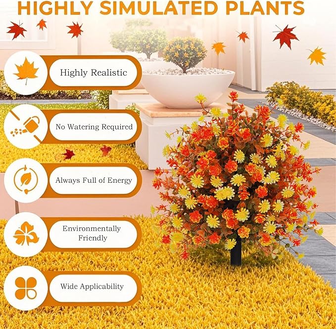 Spring Mums Flowers Artificial Topiary Ball Tree with Spike, Set of 2 Boxwood Ball Faux Shrubs Bushes with Orange Flowers,UV Resistant Fake Mums Plants for Front Porch Garden,23"