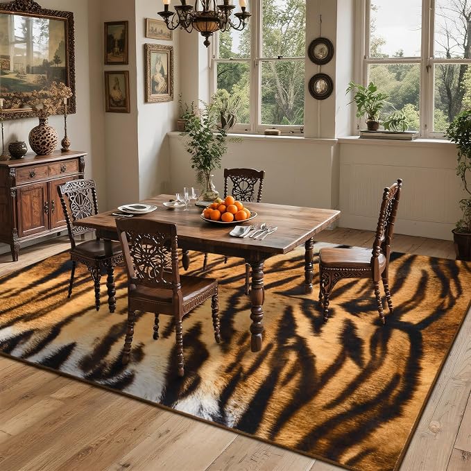 DweIke Tiger Rugs for Living Room, 6x9 Large Soft Faux Animal Tiger Print Area Rug, Washable Non-Slip Stain Resistant Throw Carpet for Dining Room Office Western Home Decor
