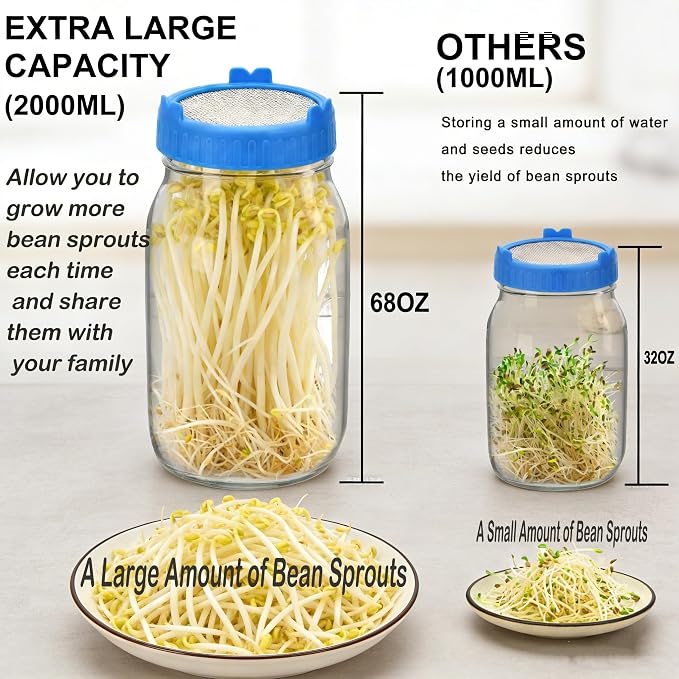  [Large Size] 68oz Sprouting Kit, 2 Sprouting Jar Kits, Wide Mouth Jars with Stainless Steel Screen Sprout Lid, 2000ml Sprouts Growing Kit, Seed Sprouter Set for Growing Broccoli, Bean, Alfalfa ﻿