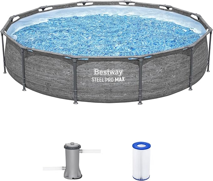 Bestway Steel Pro MAX 12' x 30" Above Ground Swimming Pool Set with Pump | Durable Round Metal Frame Outdoor Backyard Pool, Puncture-Resistant Liner - Filter Pump Included, Stacked Stone Print