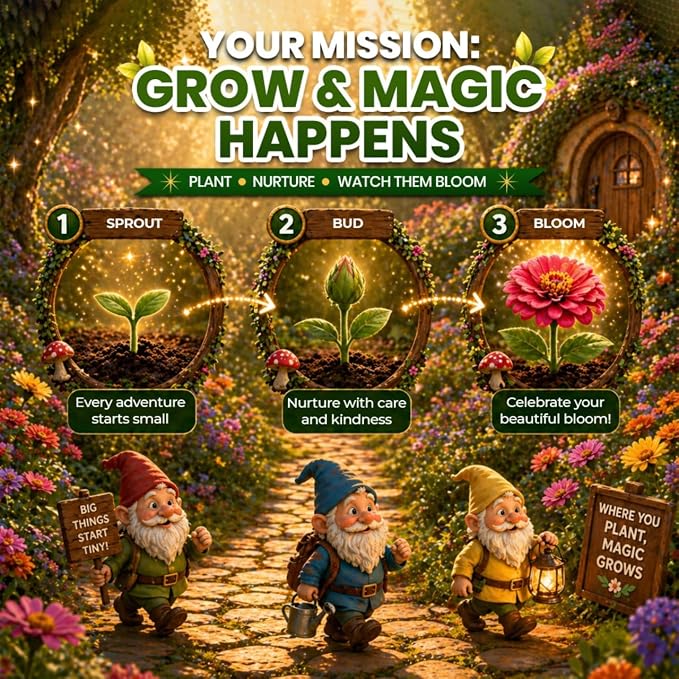 Gnome Garden Seed Kit - 5 Flower Seeds Varieties - Reach Milestones, Get Keepsakes - Dwarf Zinnia, Dwarf Sunflower, Celosia, Marigold, Nasturtium - Flower Seeds for Pollinators, Indoor, Outdoor