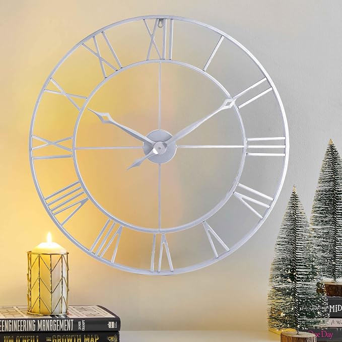 CLXEAST Large Modern 30 Inch Wall Clock Silver, Oversized Big Roman Numeral Metal Wall Clocks for Living Room Decor, Home Office,Dinning Room