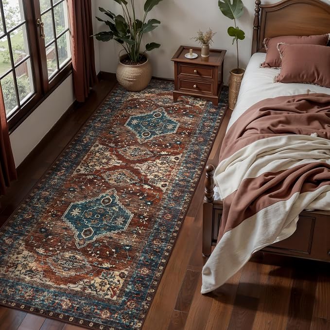 Tangsoo Oriental 2x6 Washable Runner Rugs for Hallways, Non Slip Runner Rug | Vintage Soft Low Pile Long Rug Runner, Boho Print Carpet Runners for Kitchen Bedroom Entryway Bathroom Living Room Rust/Blue
