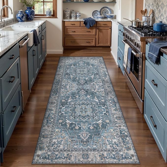 2x6 Washable Runner Rug for Hallways, Vintage Non Slip Rug Runners Blue | Farmhouse Soft Low Pile Rug, Boho Print Carpet Oriental Hallway Runner for Kitchen Bedroom Entryway Bathroom Home Decor