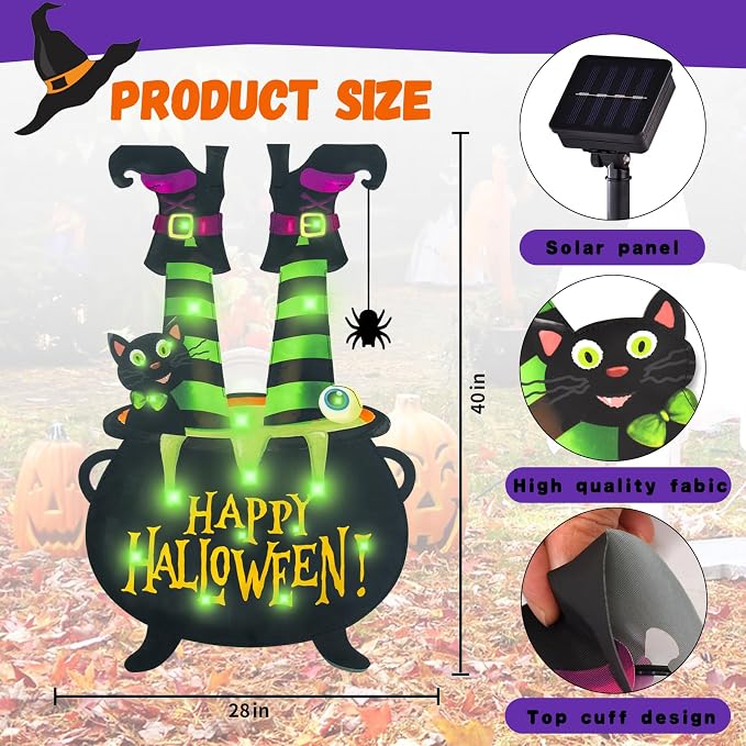 Halloween Lighted Garden Flag for Outside, Led Solar Yard Flag 8 Modes Witch Feet Shape Flag, 28x40 Double Sided Cauldron Eyeball Black Cat Decorations for Home Porch