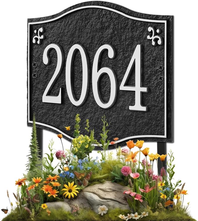 Personalized Address Plaque Sign - LAWN MOUNTED, House Address Signs for Outside Use for House,Apartment,Office,Yard (Black/Silver)