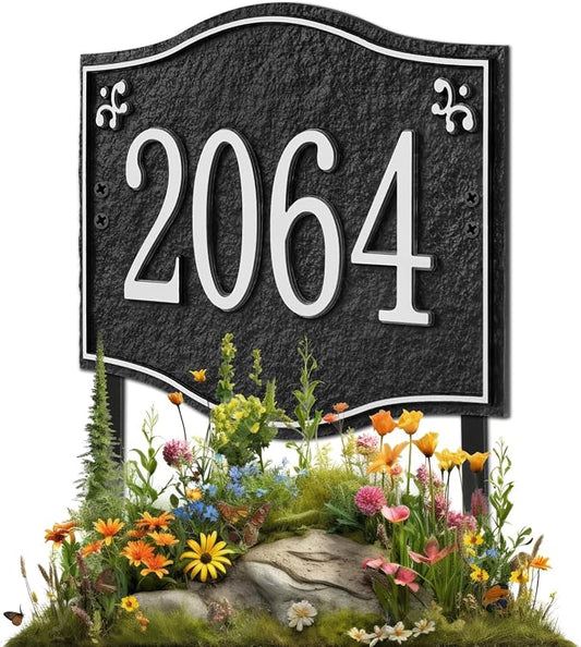 Personalized Address Plaque Sign - LAWN MOUNTED, House Address Signs for Outside Use for House,Apartment,Office,Yard (Black/Silver)