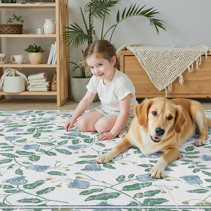 DCX Washable Botanical Floral 5x5 Roung Rug, Blue and Green Scalloped Rug, Non Slip Low Pile Carpet for Bedroom, Living Room, Kid & Pet Friendly