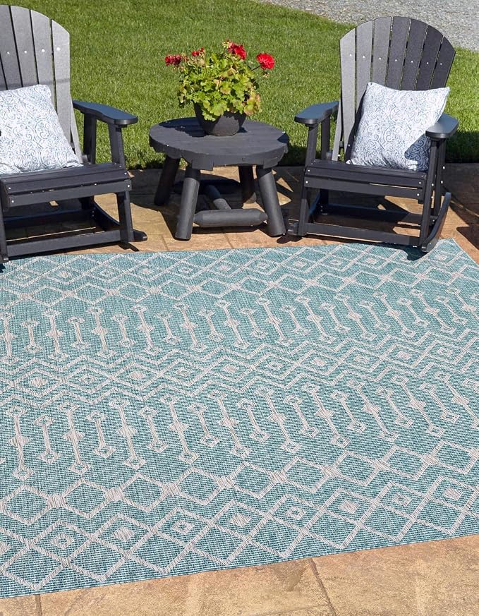 Unique Loom Outdoor Trellis Collection Area Rug - Tribal Trellis (13' Square, Aqua/ Ivory)