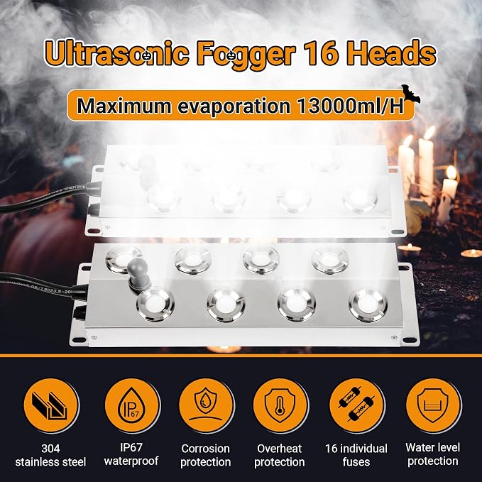Ultrasonic Mist Maker Fogger 16 Heads, 13000ml/H Ultrasonic Mister | 600W & IP67 Waterproof Power Supply, with 2 Floats & 16 Atomizer Heads Replacements for Fountain Pond, Halloween