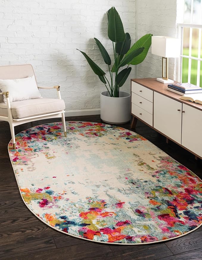 Unique Loom Chromatic Collection Modern Colorful & Vibrant Abstract Area Rug for Any Home Décor (3' 3 x 5' 3 Oval, Multi/Beige)