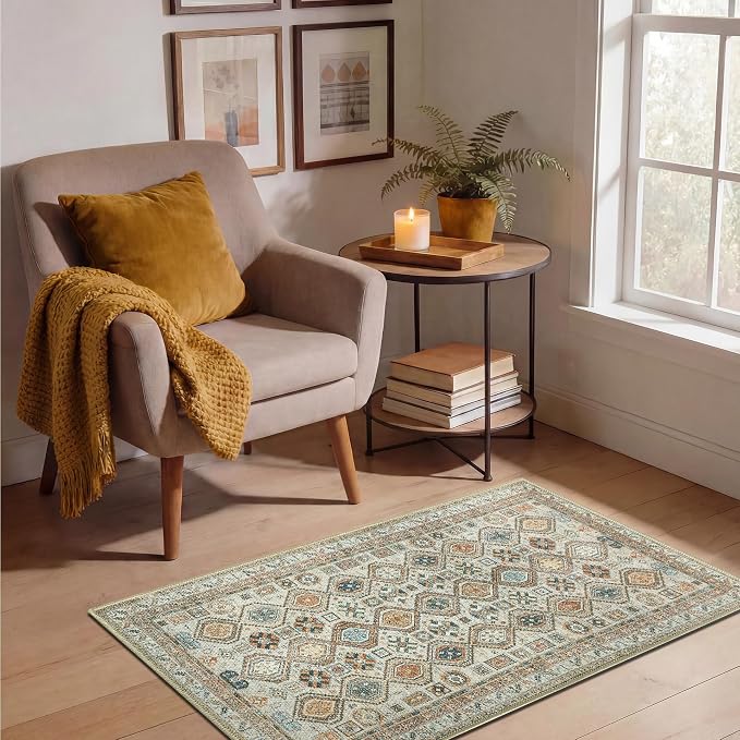 Keen Home Design Vintage Washable Entryway Rug, Non-Slip Low Pile, 2x3 | Machine Washable Cotton Chenille, 0.25In Low Pile, Rubber Non-Slip Back; Kitchen, Entryway, Bathroom, Bedside