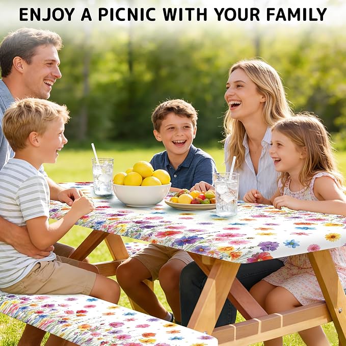 Flowers Picnic Table Cover with Bench Covers Elastic Edges, 3 Pcs Flowers Fitted Table Cover with Drawstring Bag, Waterproof Windproof Aesthetic Camping Tablecloth, Outdoor Camping Essentials 72 Inch