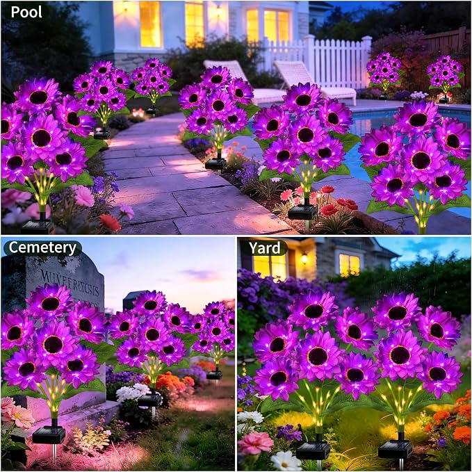Solar Garden Lights Outdoor, 6 Pack Solar Purple Sunflower Lights with 18 Head 3.5 Inch Flowers, Waterproof Flowers Light Fall Decor Auto ON/Off for Garden Yard Patio Backyard, Gifts for Mom Women