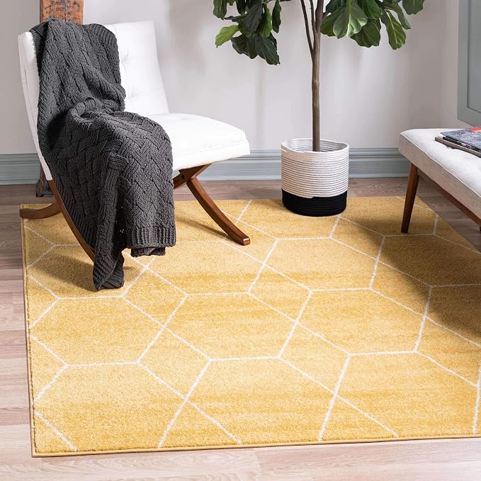 Unique Loom Trellis Frieze Collection Area Rug - Geometric (6' Square, Yellow/ Ivory)