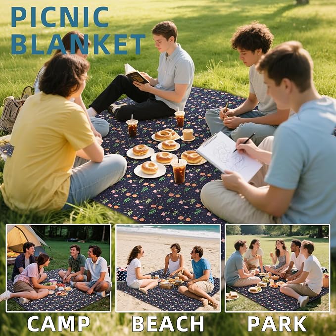 60x80” Double Thickened Picnic Blankets(150g High Density Cotton Stuffed) Navy Blue Floral Pattern Outdoor Picnic Mat Portable Picnic Blanket Foldable with Leather Carry Strap Beach Blanket