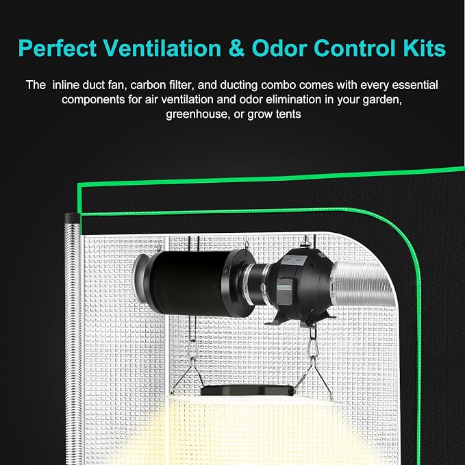 Air Filtration Kit, 4" 190 CFM Inline Duct Fan with Speed Controller, 12" High Carbon Filter, 8 Ft Ducting & Rubber Coupler, Air Cooling and Filtration Kit for Grow Tent, Hydroponics