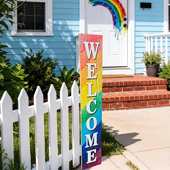 Vertical Wood Welcome Sign for Front Porch Vertical Decorative Sign Front Door Outdoor Indoor Welcome Sign 47.2x7.8 Inch Large Farmhouse Style(Rainbow)